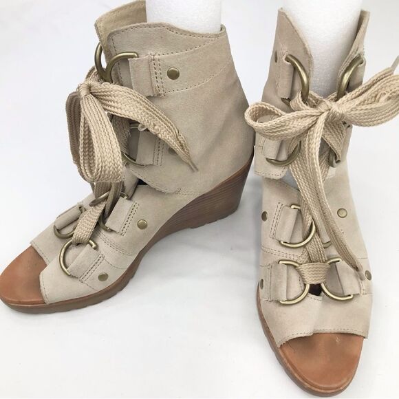 Sorel AFTER HOURS Lace Up Wedge Heel Casual Ankle Bootie Sandal in Oatmeal - Picture 5 of 16